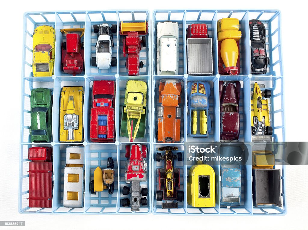 Collection of old toy cars and trucks Antique toy car collection on a white background. Toy Stock Photo