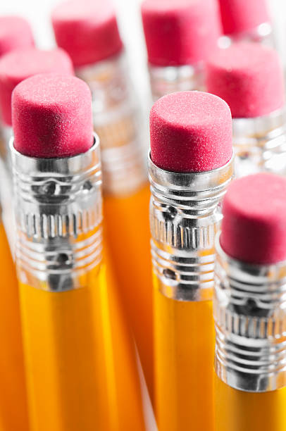 istock Yellow pencils with red rubbers attached to ends 183887678