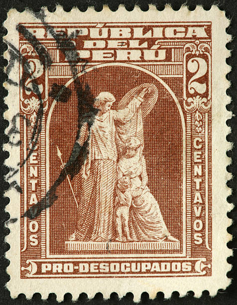 istock classic man shielding woman and child on a Peruvian stamp 183888268