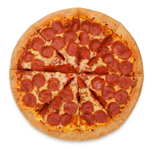 This is an overhead photo of a pepperoni pizza isolated on a white background. There is a clipping path included with this file.Click on the links below to view lightboxes.