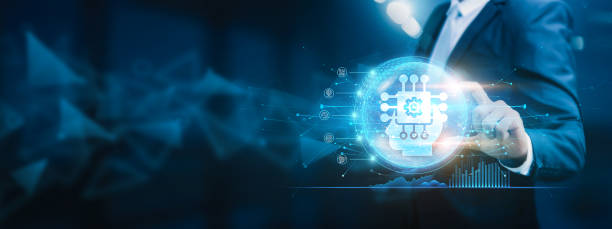 istock Businessman hold circle of interconnected nodes representing the Machine Learning concept. Management and integration. Data-driven insights and automation. Technological network. 1838900045