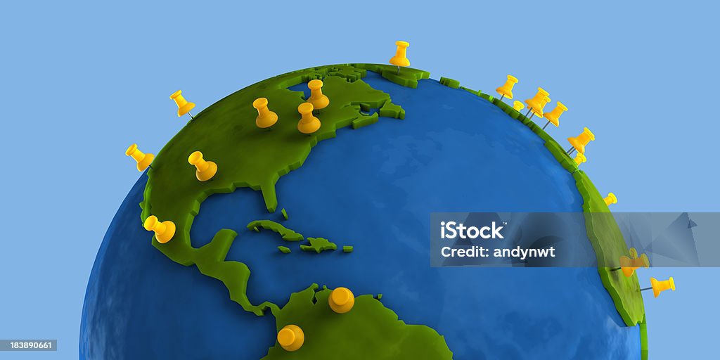 Yellow Tacks Indicate Major City on Clay Globe "Push pins placed on major cities of the Northern Hemisphere. Eg. New York, California, Washington, Mexico, Venezuela, ColombiaIsolated on plain background with clipping path." Globe - Navigational Equipment Stock Photo