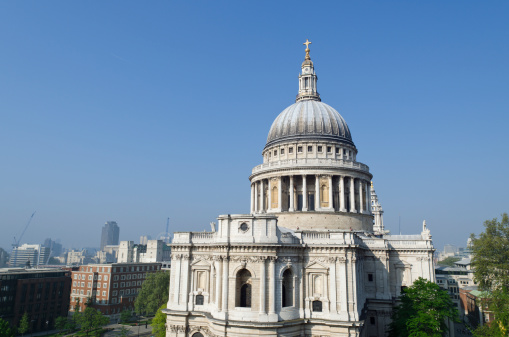 The iconic dome of St. Paul’s Cathedral overlooking the landmarks along the River Thames in the heart of London, UK.