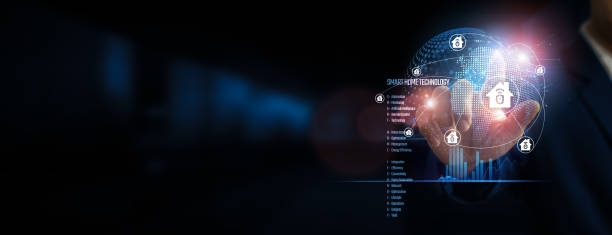 istock Hand touching global network connection and embracing the future of SMART HOME TECHNOLOGY, a seamless and interconnected structure. Innovation networking on dark background. 1838912309