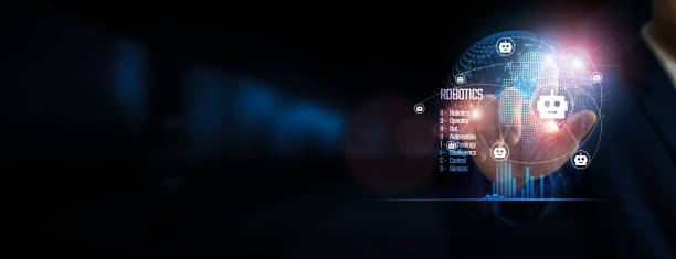 istock Hand touching global network connection and integrated with robotics, technology bolstering the robotic structure. Innovation networking on dark background. 1838913876