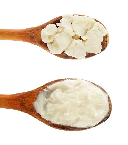 "raw organic ghanaian shea butter isolated on white - top spoon; refined shea butter isolated on white - bottom spoonShea butter is a slightly yellowish or ivory colored natural fat extracted from the seed of the African shea tree by crushing and boiling. It is widely used in cosmetics as a moisturizer and salve. Shea butter is edible and may be used in food preparation, or sometimes in the chocolate  industry as a substitute for cocoa butter.from wikipedia"
