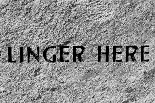 The words Linger Here carved in rock.  Black and white rendition.For similar photos check out my