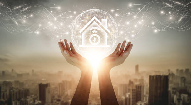 istock Businessman holding smart home technology and controlling connection on city background, integrating technology in homes and automation. 1838928059