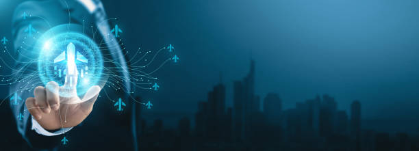 istock Aerospace technology, Executive interacting with a digital global network of aerospace data exchange. 1838931176