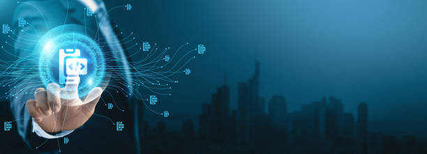 istock Mobile app development technology, Businessman touching digital global network of mobile app data exchange. Digital transformation on mobile connection with the future of mobile app development. 1838933785