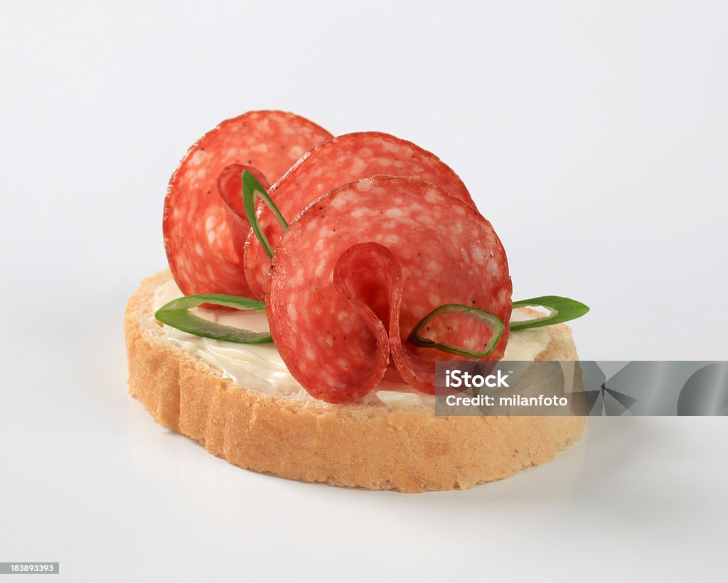 Bread and salami Salami open faced sandwich Antipasto Stock Photo