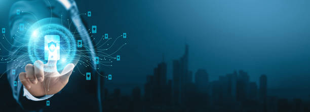 istock Mobile security technology, Businessman touching digital global network of secure data exchange. Digital protection on mobile connection with enhanced security. Future of mobile security. 1838934293
