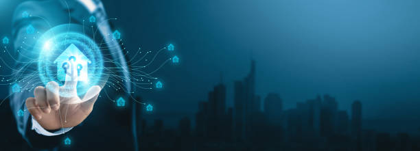 istock Smart home technology, entrepreneur interacting with digital global network of smart devices data exchange. Digital innovation on seamless connection with household systems. Future of automated living 1838935083