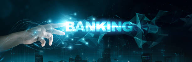 istock Banker touching 'Banking' word on global network connection interface, virtual screen dark city background. 1838936436