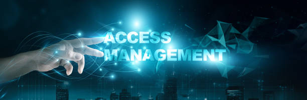 istock Businessman touching 'Access Management' word on a global network connection interface, with a virtual screen against a dark city background. Streamlining security and control. 1838936449