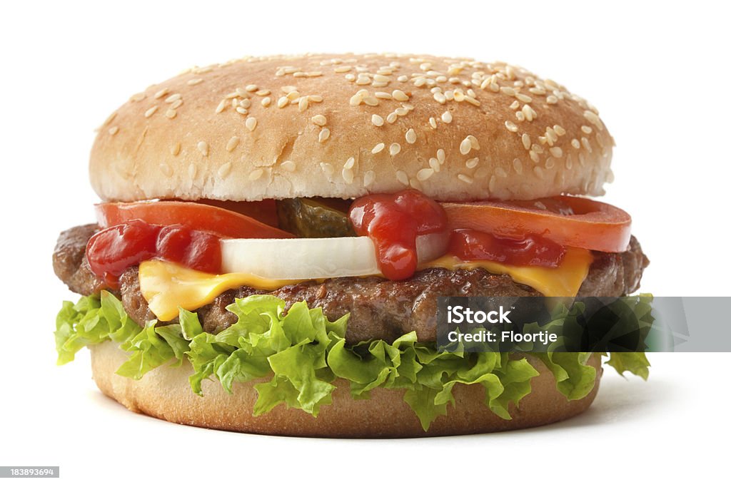 Hamburger en bollo con semillas de sésamo con fijaciones - Foto de stock de Hamburguesa de carne libre de derechos