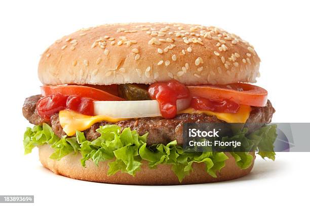Hamburger En Bollo Con Semillas De Sésamo Con Fijaciones Foto de stock y más banco de imágenes de Hamburguesa de carne