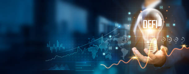 istock Businessman holding a creative light bulb with a growth graph and DeFi icons. 1838940091