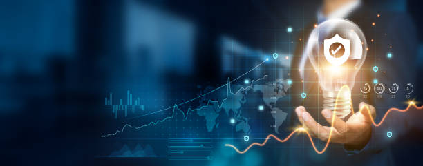 istock Businessman holding creative light bulb with growth graph and assurance icons. Assuring innovation technology develops new strategies and solutions that ensure successful and profit in global business 1838940617