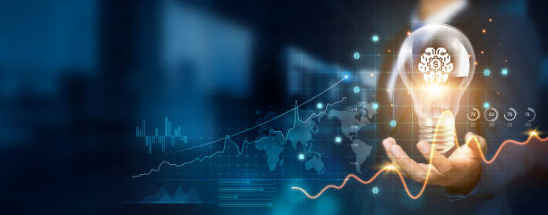 istock Businessman holding creative light bulb with growth graph and business intelligence icons. Leveraging business intelligence technology to discover new strategies and insights that enhance successful. 1838941122