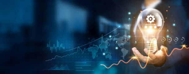 istock Businessman holding creative light bulb with growth graph and content management icons. Leveraging innovation technology to develop new systems and solutions that enhance successful and profit. 1838941136