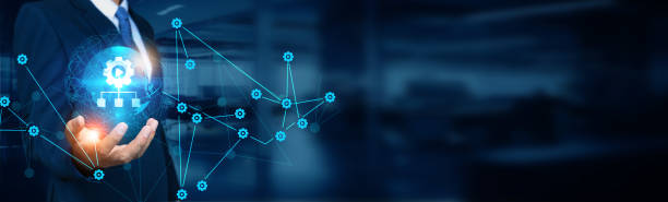 istock Businessman holding global structure networking and content management systems connection, digital content organization, website management, content service, user engagement, and social network. 1838941873