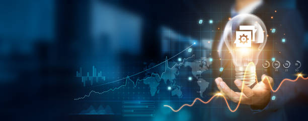 istock Businessman holding creative light bulb with growth graph and innovative NLP technology generating new insights and strategies that boost successful and profit in global business. 1838942712