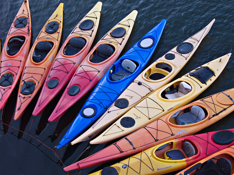 Looking down from two floors up, these colorful kayaks were nicely arranged in a radial pattern, making a pleasing composition.