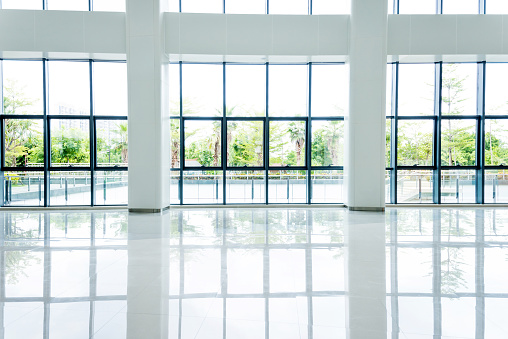 Empty lobby with glass window.
