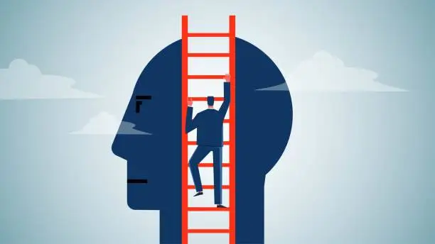 Vector illustration of The ladder of growth, the ladder of success, the courage to challenge and innovate, new opportunities and determination, the businessman climbing the ladder to climb out of his brain