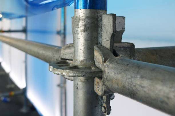 Closeup steel scaffolding joint clamp.