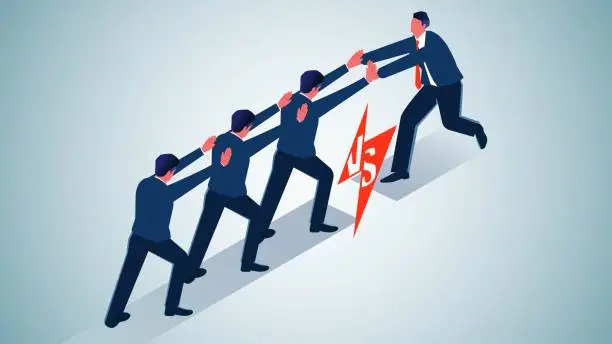 Vector illustration of Power against power, small business versus big business, leadership, isometric three businessmen versus one businessman in a showdown of power