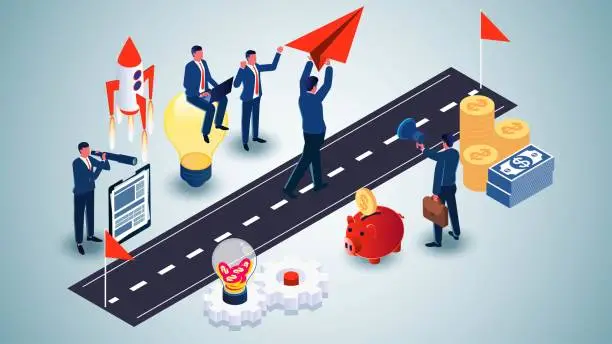 Vector illustration of Business processes, project scheduling and management, the process of achieving success or accomplishing a goal, isometric businessmen holding paper airplanes from a starting point to the next end point