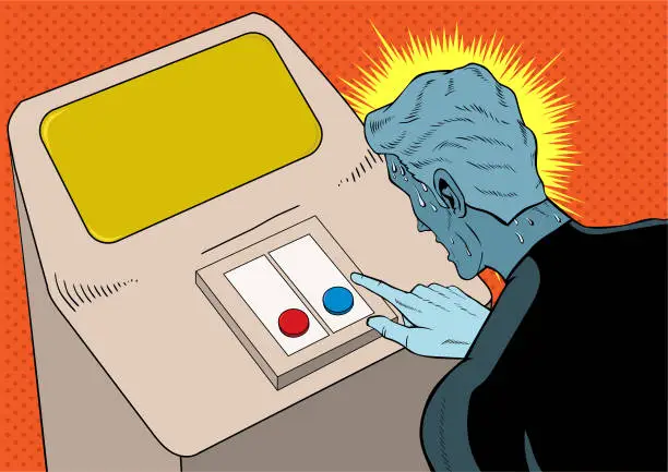 Vector illustration of Vector Pop Art Sweating Superhero Choosing Button Meme Stock Illustration
