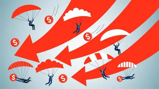 Vector illustration of The stock market or economic collapse, investment profits are reduced with the loss of businessmen have withdrawn or jumped out to avoid the risk of falling arrows, businessmen have to parachute