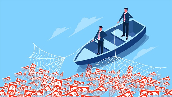 Casting nets, making money from investments or the stock market, return on investment, business investment and harvesting, isometric businessmen casting nets in the ocean to catch money floating in the ocean