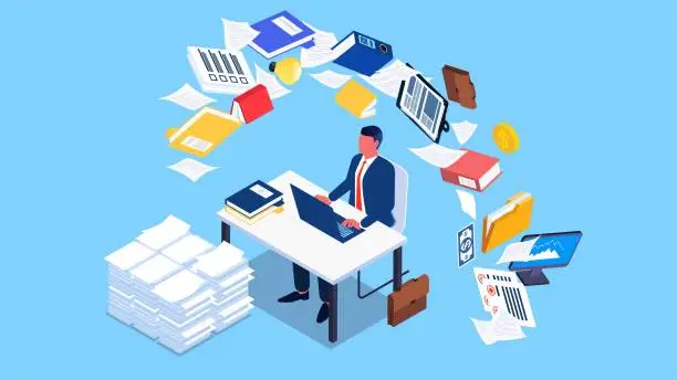 Vector illustration of Busy working businessman, dealing with work and paperwork, isometric businessman sitting at a desk working hard to complete an overloaded workload