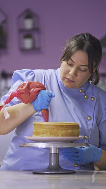 Portrait of confectioner covering a cake with cream