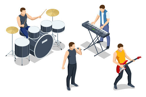 Isometric music band group perform on a concert stage. Drummer playing drums, rock star guitarist playing electric guitar, Rock band vocalist .