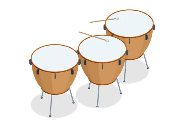 Vector illustration of Isometric brown timpani isolated on white background. Timpani percussion musical instrument