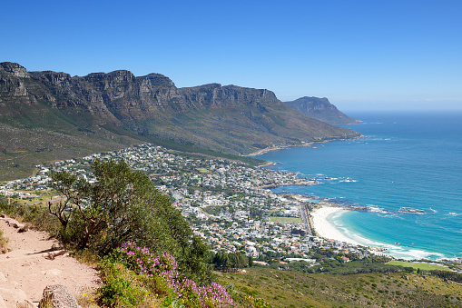 Panoramic seascape view of Hout bay beach and hills from Cape of Good Hope, Cape Town, South Africa