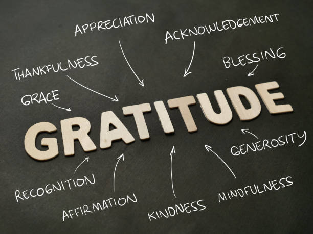 Gratitude text, written on wooden lettering, balance in life stock photo