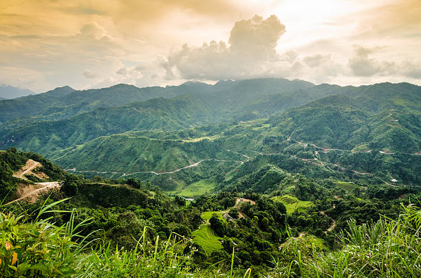 istock Winding road through mountainside in cloudy day 183906292
