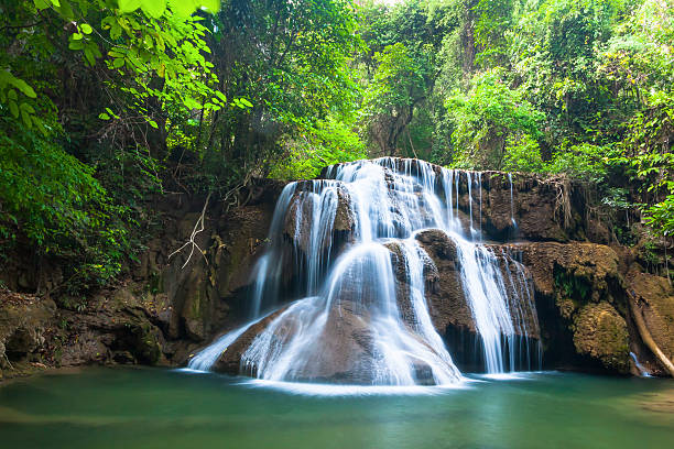 cascada en parque nacional, provincia de kanchanaburi, tailandia - kanchanaburi province beauty in nature falling flowing fotografías e imágenes de stock