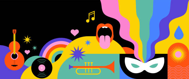 Happy Carnival, colorful geometric background with splashes, speech bubbles, masks and confetti Happy Carnival, colorful geometric background with splashes, speech bubbles, masks and confetti. Vector design music culture stock illustrations