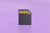 Technology sim memory card store data 3d illustration icon render on purple background.