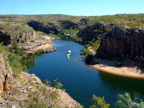 Tourist boat on river in Katherine Gorge, Nitmiluk National Park, Northern Territory