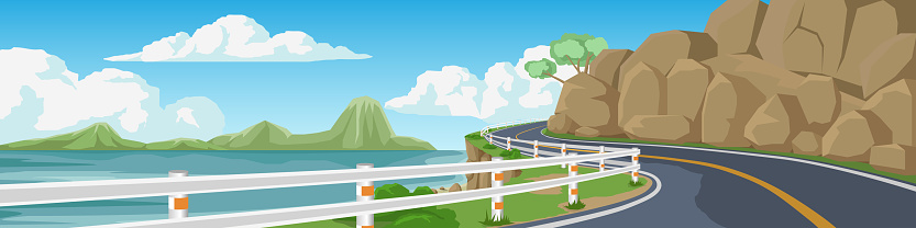 Copy Space Flat Vector Illustration. of curved asphalt road path and environment of sea beach with rocks and cliffs. Road has a boundary fence. Island under blue sky and white clouds for background.