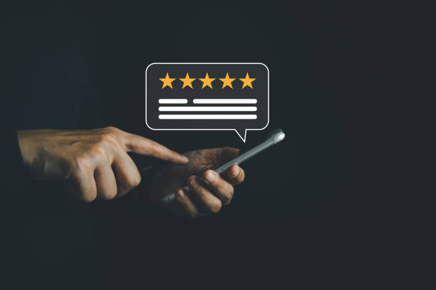 istock Satisfied customer experience concept, happy business customer using smartphone, the best review, High quality service, Most rated, the highest score, 5 stars, Social media very good. 1839196707