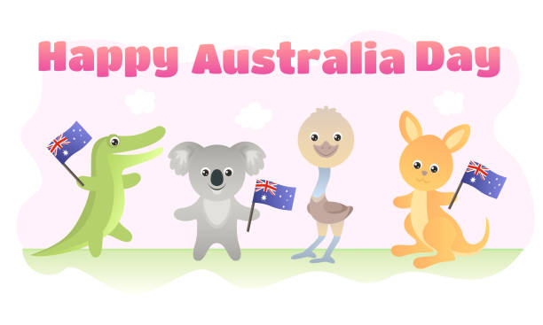 オーストラリア・デーおめでとうございます。かわいい面白いオーストラリアの動物とのグリーティングカード。漫画のコアラ、ワニ、ダチョウエミュー、カンガルーがオーストラリアの国� - wallaby kangaroo australian culture australia点のイラスト素材／クリップアート素材／マンガ素材／アイコン素材